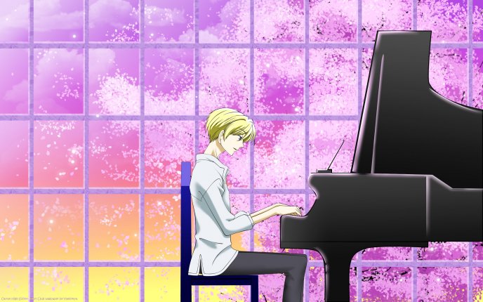 Anime - blonde guy playing at the piano