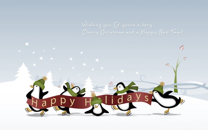 Five funny penguins wish you a Merry Christmas HD wallpaper