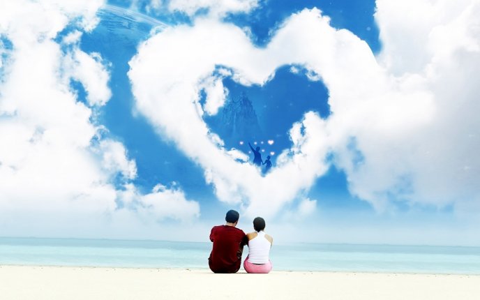 Romantic holiday at seaside - big cloud in heart shape