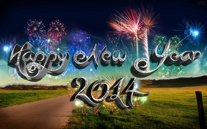 Happy new year 2014 - colorful fireworks on the field