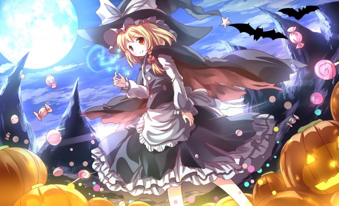 Anime Halloween wallpaper - flying candies and big pumpkins