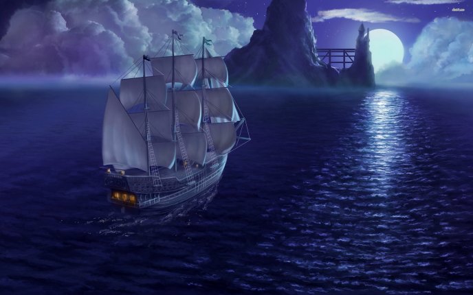Pirate ship sailing in the moonlight