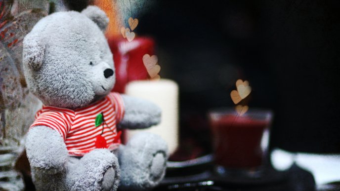 Gray Teddy bear with red and white shirt