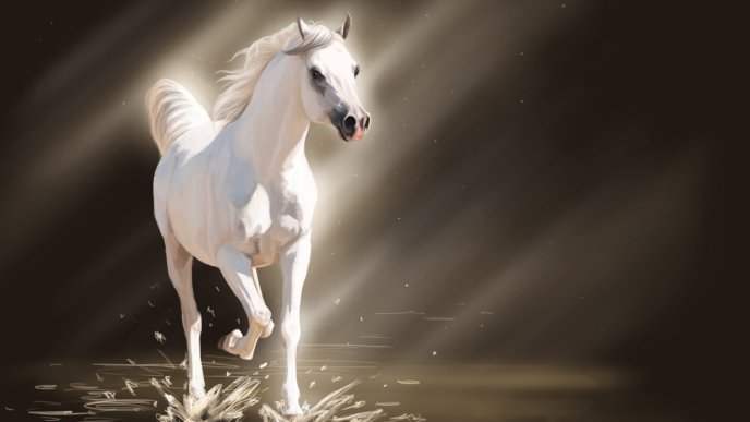 A beautiful white young horse in water