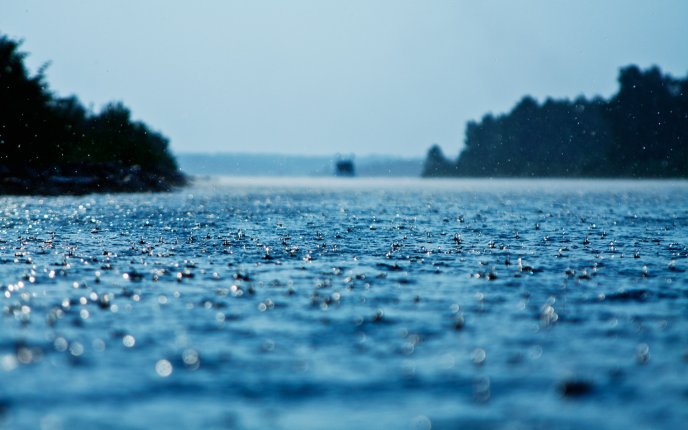 Many water drops - Rain over the lake