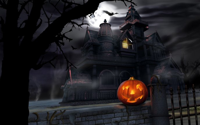 Haunted castle on the Halloween night - The pumpkin