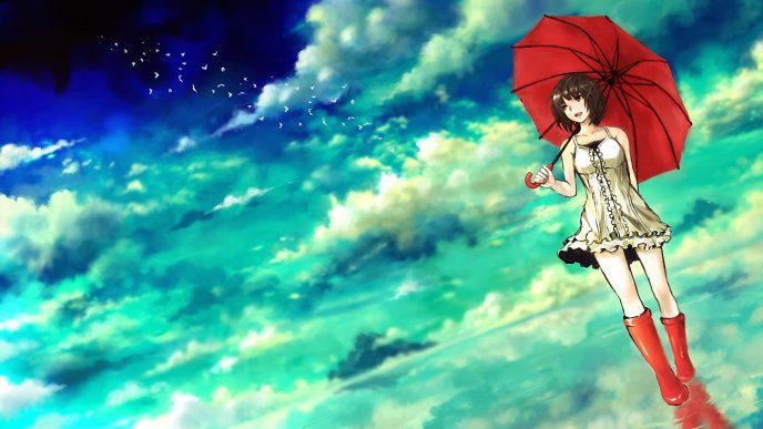 Red boots and umbrella - Beautiful anime girl