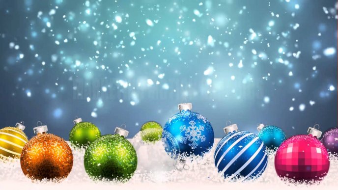 Colorful Christmas balls in the snow -HD Christmas wallpaper