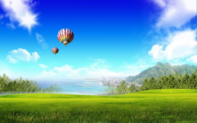 Two hot air ballon over the city - Wonderful green field