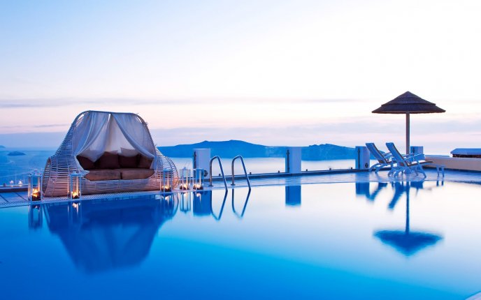 Romantic blue night on the pool-Summer holiday infinity pool