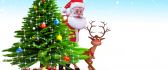 Santa Claus and deer Rudolf near Christmas tree