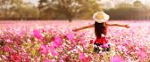 Happy girl in a field full with pink flowers - Spring season