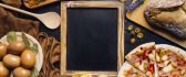 Black table for menu - Eggs bread pizza macaroni food