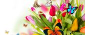 Colorful butterfly on the beautiful tulips flowers