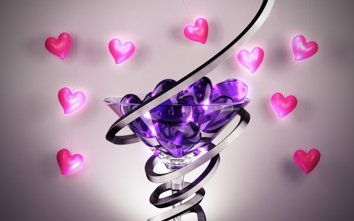 Purple hearts in a glass and pink hearts on the wall