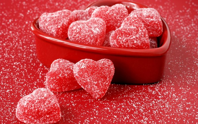 Sweet and red heart-shaped jelly
