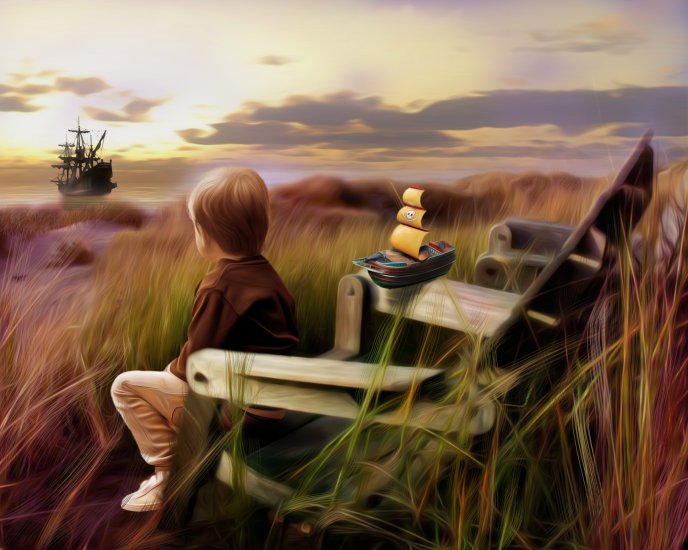 Boy looking after the boat - drawing HD wallpaper