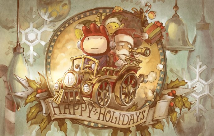 Santa and elves on the train - Happy Holiday HD wallpaper