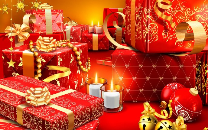 A lot of Christmas gifts wrapped in red paper HD wallpaper