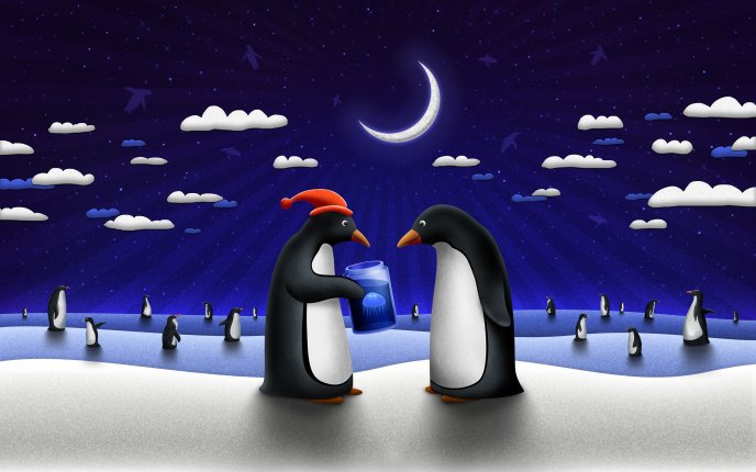 Penguins on ice on moonlight HD wallpaper