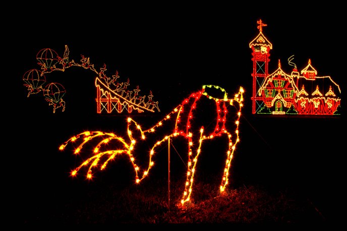 Lights in the shape of Santa Claus and reindeer