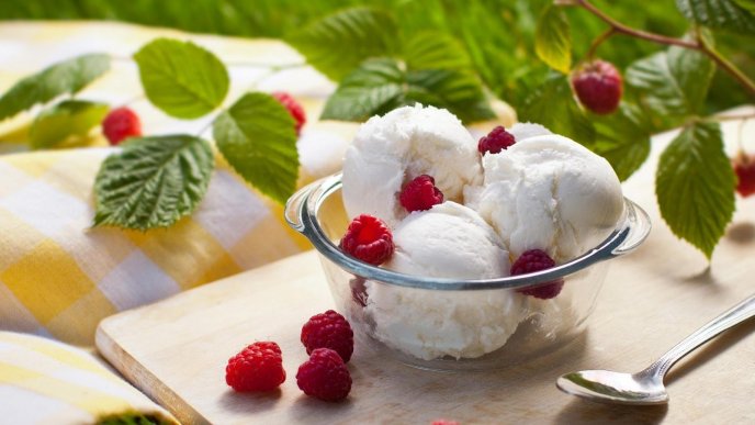 Ice cream and Fresh raspberries from garden