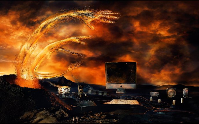 Volcano swallowing broken computers - artistic HD wallpaper