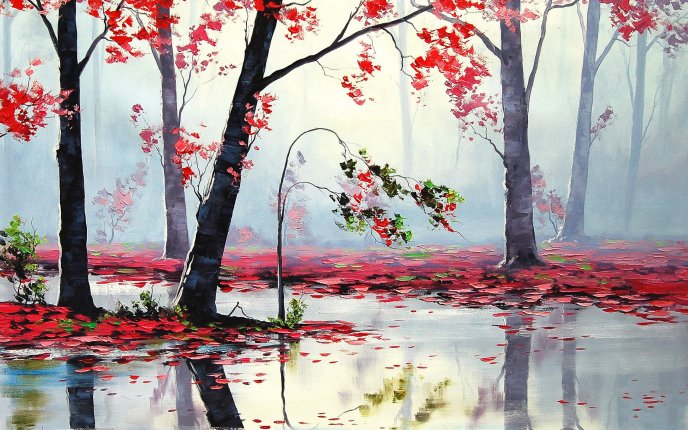 Painted wallpaper - beautiful red forest in the mirror