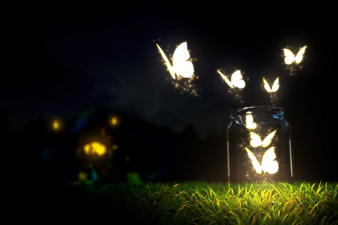 Glowing butterflies lighting in the dark - HD wallpaper