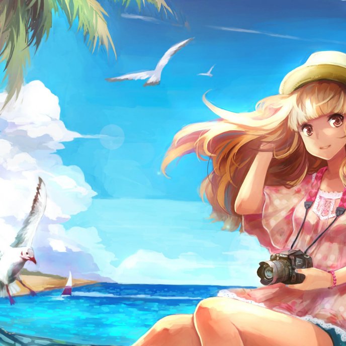 Anime blonde girl in a summer holiday