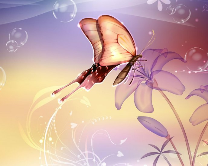 Abstract butterfly and a background full with flowers