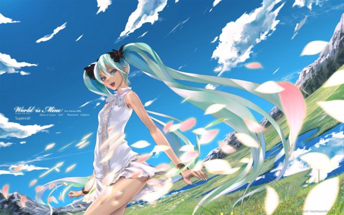 Famous anime girl with a long blue hair in the nature