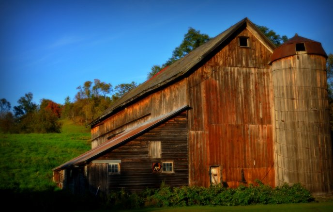 Beautiful wooden barn in the autumn sunlight