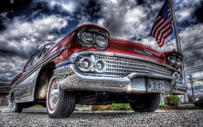 Old red car and the USA flag - HDR wallpaper