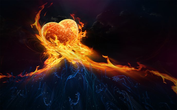A heart  in flames and many hands