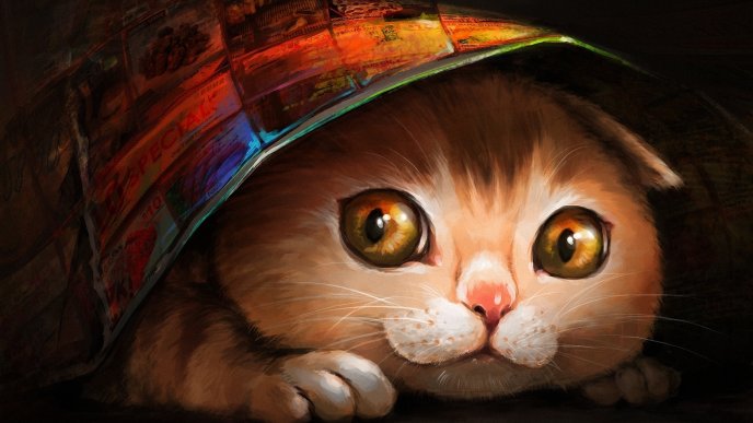 A cat hiding under a magazine - Animal painting