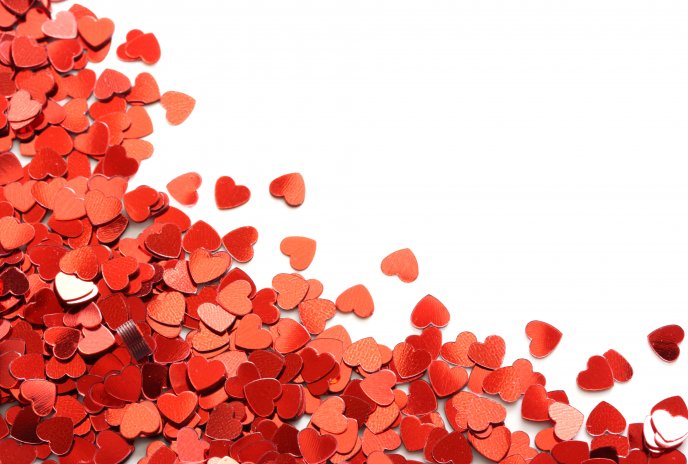 Millions red hearts on a white table - Happy Valentines Day