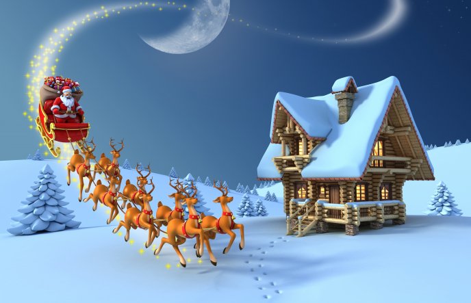 Santa Claus and his deers on a small house - Merry Christmas