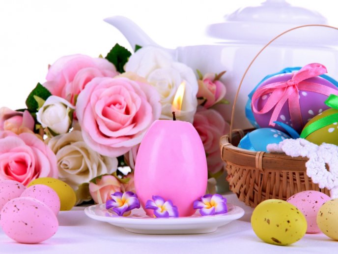Candle egg and basket full with Easter eggs - Happy Holiday