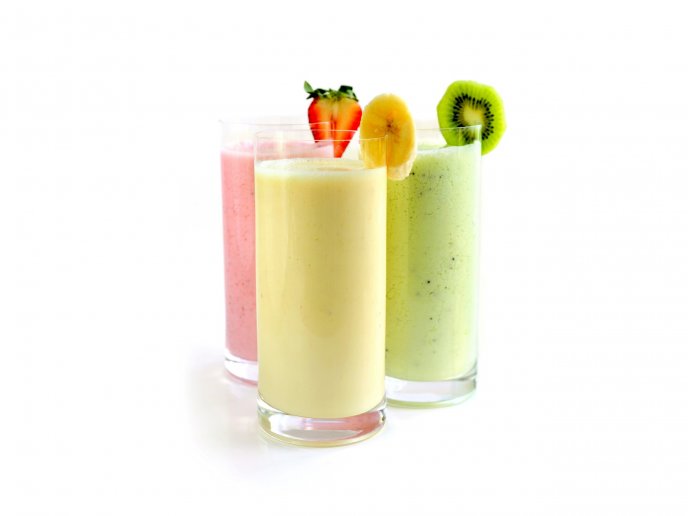 Three glasses with delicious smoothie-Banana kiwi strawberry