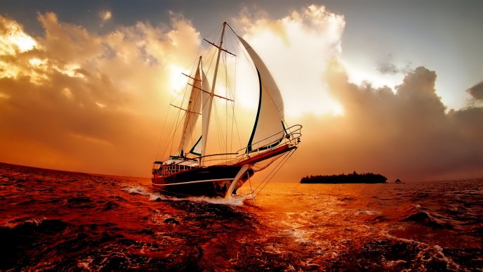 Amazing sunset over the ocean - Boat and waves