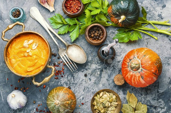 Delicious Autumn food - Pumpkin cream soup with garlic
