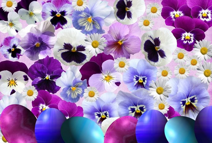 Wonderful purple and blue flowers and Easter eggs - Spring