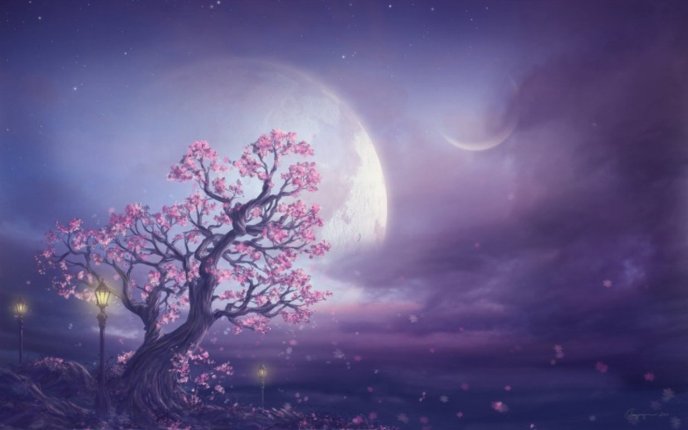 Fairy pink tree - Big moon on the purple sky - Magic night