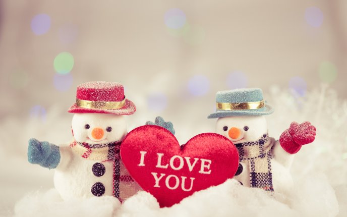 Two little snowmen - Love you red heart - Winter season