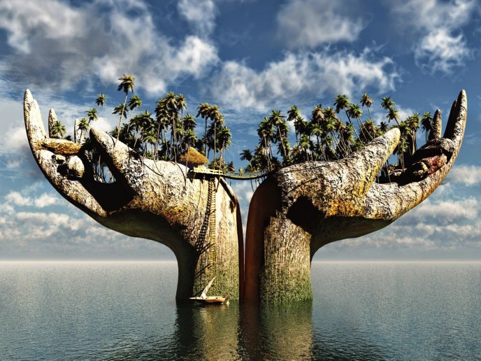 Wonderful two hands nature time trees on water
