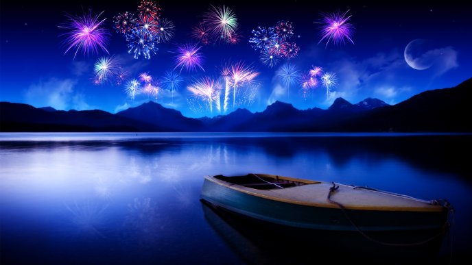 Fireworks view over the lake - walk in a boat in the night