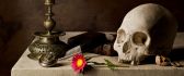 A skull, candle and pink flower on the stone table