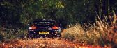 Wonderful black porsche on the road full with autumn leaves