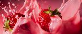Macro delicious strawberries splash in pink cream